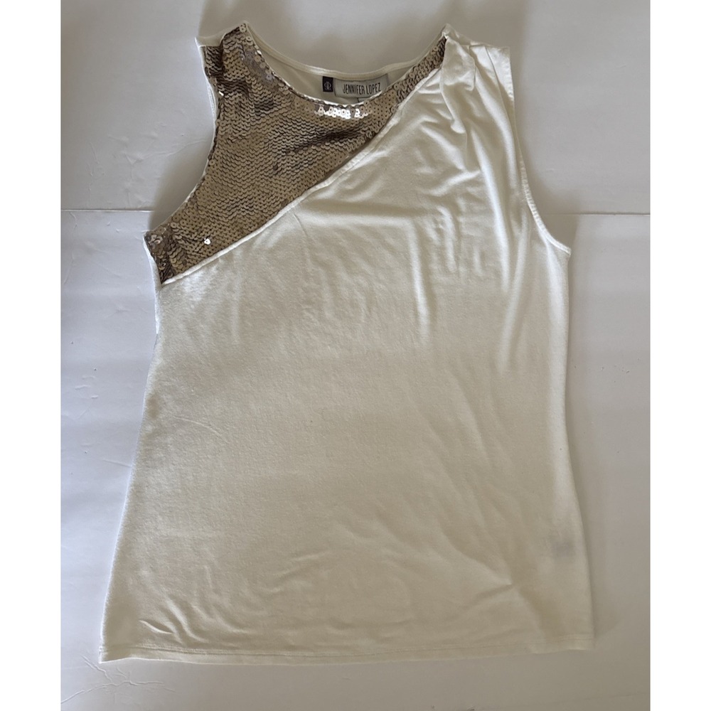Jennifer Lopez Ivory Gold Sequin Sleveeless Top Women Sz M Peak a Boo Neck Front